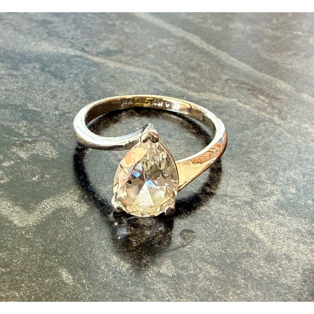 Pear Cut Ring Size 5.5 Sterling Silver Clear Stone Minimalist Solitaire Timeless